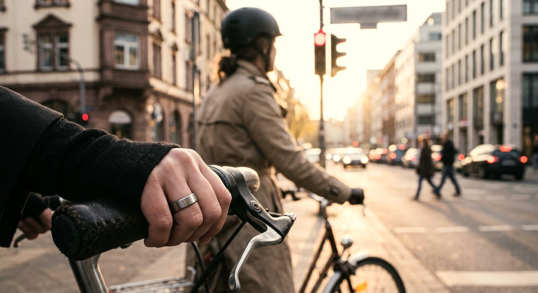 Eine Hand mit dem VYTA Ring am Fahrradlenker, wartend an einer Ampel in der Abendsonne